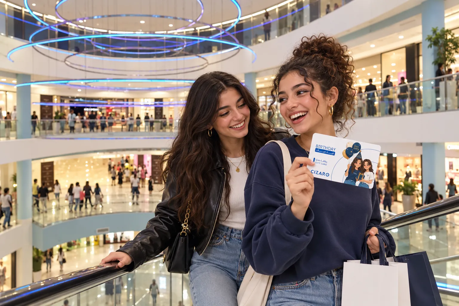 Two friends in a mall, one holding a birthday gift card