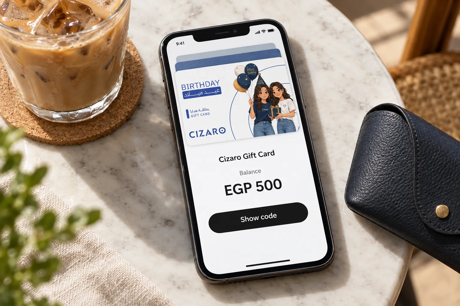 A gift card open in a phone wallet with a Show code button, ready to redeem