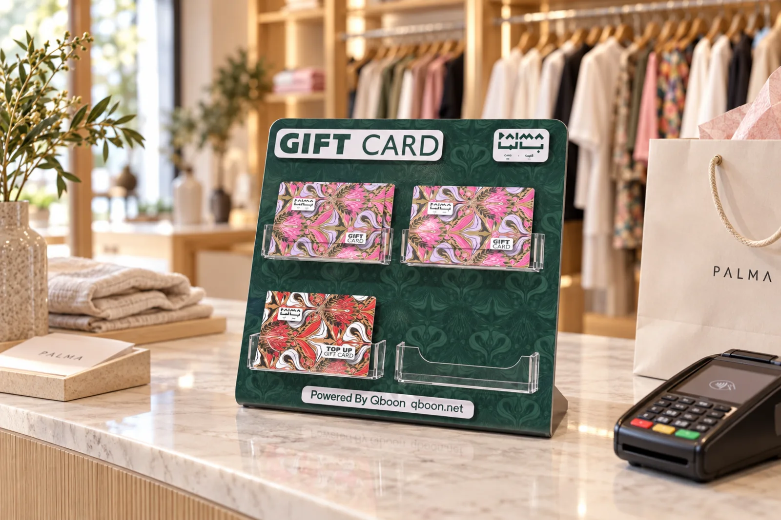 A branded gift card stand with card pockets on a shop counter