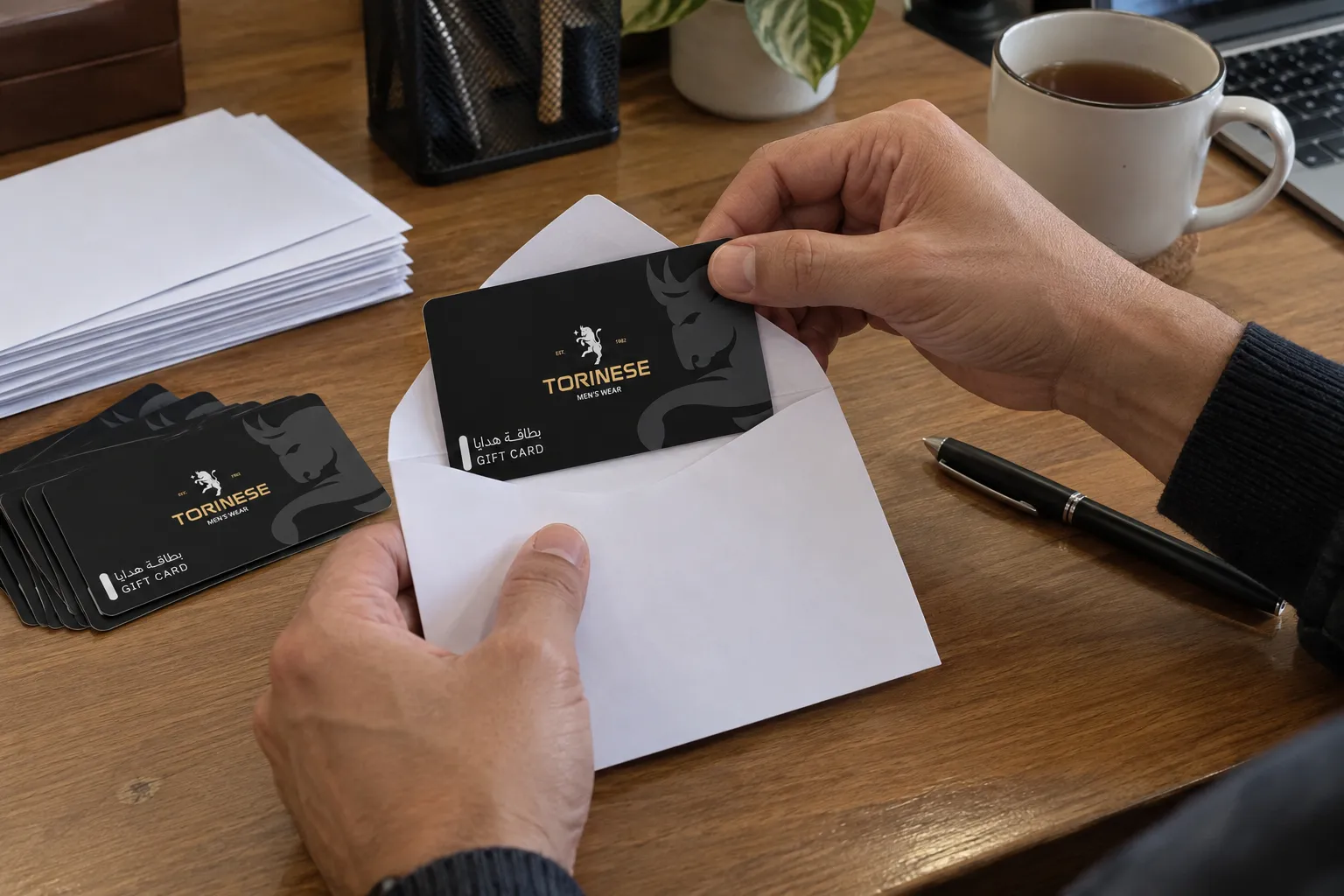 Printed gift cards going into envelopes for a company team